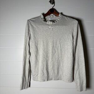 J Crew Ruffle Neck Long Sleeve Sweater Oatmeal Size Large 100% Cotton